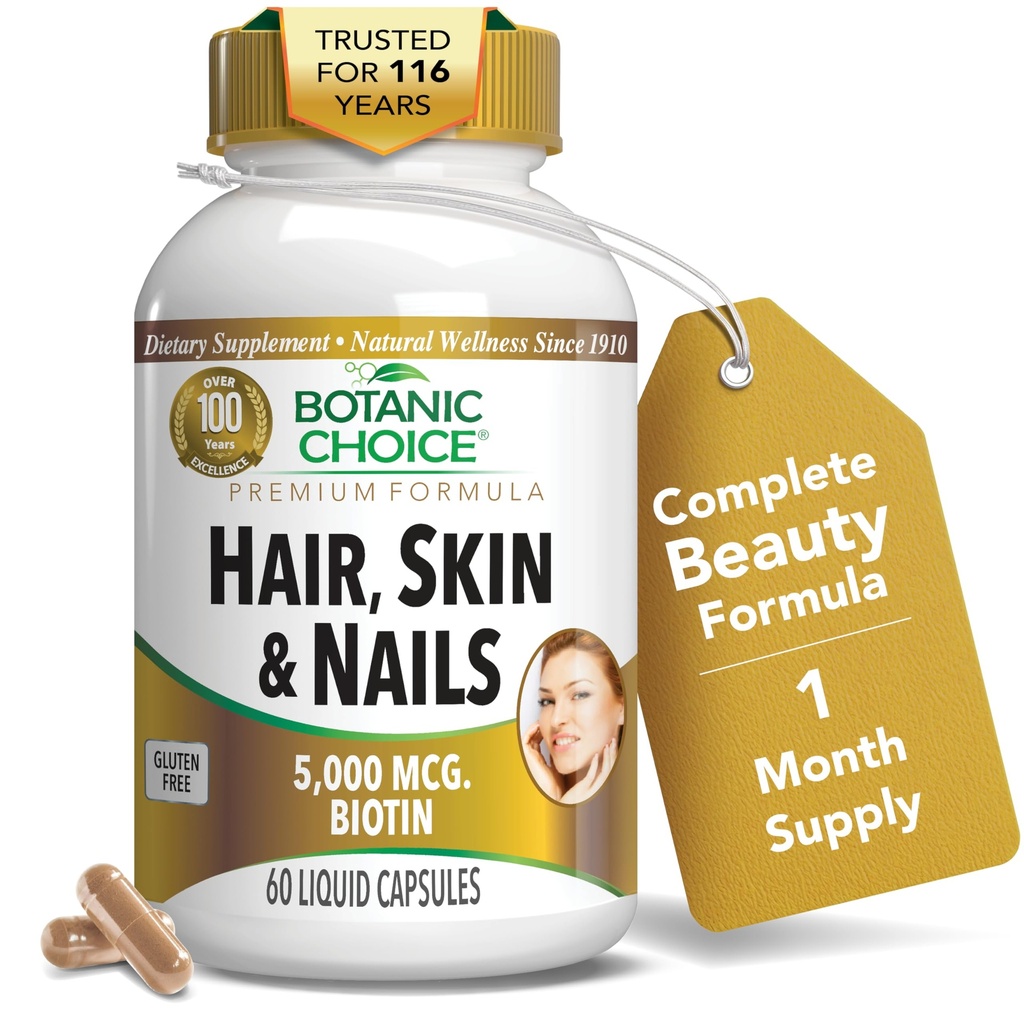 Alegerea botanică a pielii de păr şi unghii Vitamine - Biotin Supliment cu colagen, vitamina C, & Fier - Super Antioxidant Amestec cu ulei de argan şi acid hialuronic - 60 capsule lichide
