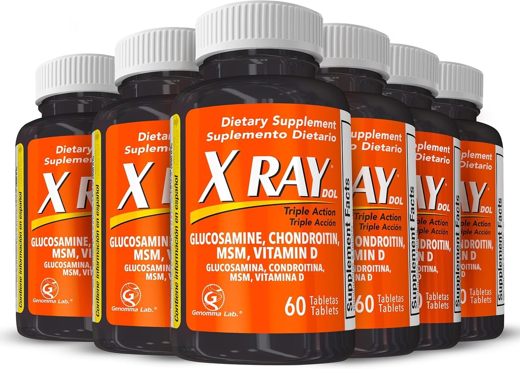 X Ray Dol Triple Acţiune Suport comun cu Glucosamine 1500mg, Chondroitin 800mg, MSM 750mg şi 5X Vitamina D pentru articulaţii sănătoase, Oase & Cartilage - 60 Conte pe flacon - 6 ambalaj