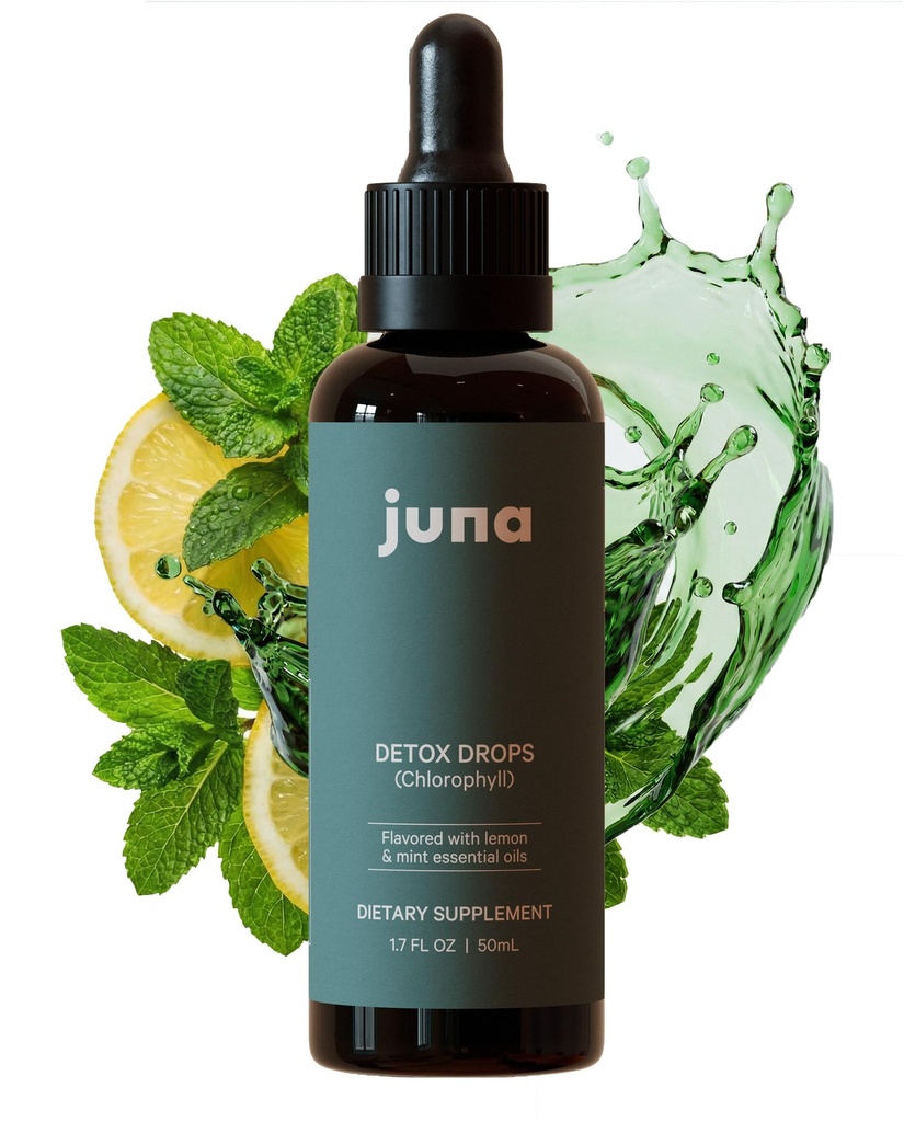 Juna Clorofill Picături lichide, 3X Concentrație de potențial - Detox, Debloat, Cleanse, Deodorant intern, Supliment de suport energetic și Cellular - Fresh Minty Lemon Gust