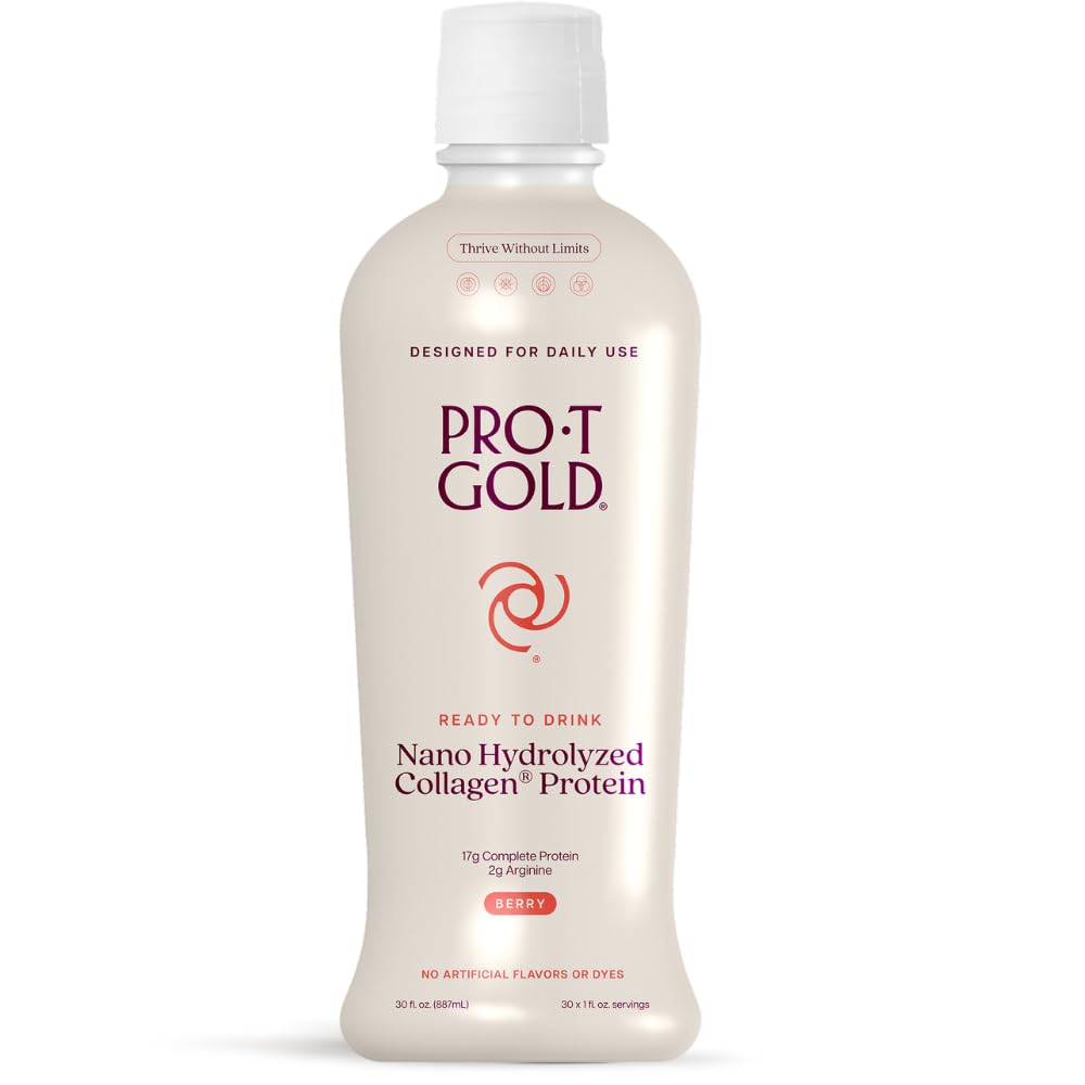ProT Gold Liquid Colagen Proteine Shot, 17g Proteina Clear Nano-Hydrolyzed Grass Fed Colagen, 2g Arginine pentru Suport Răni, Gluten Gratuit, Zahar Gratuit, 0g Carbs, Non OMG, Berry, 30 fl oz Sticla