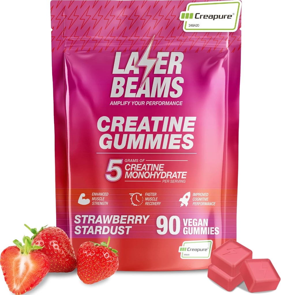 Creatine Monohidrat Gumries - 5g Creatură Creatură per Serving - Vegan - Boost Muscle Force, Endurance, Recovery & Mental Focus - 90 Gummies, Gluten-Free (Strawberry)