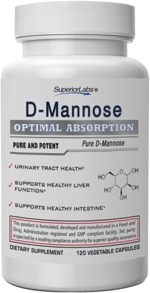 Superior Labs D- Mannose 500 mg, Pure non-GMO Optimal Absorbtion Prebiotic, tract urinar, Bladder & Rinichi UTI Support, Digestive & Ficat Health Aid, IC Relief pentru femei & Men, 120 Veg Caps