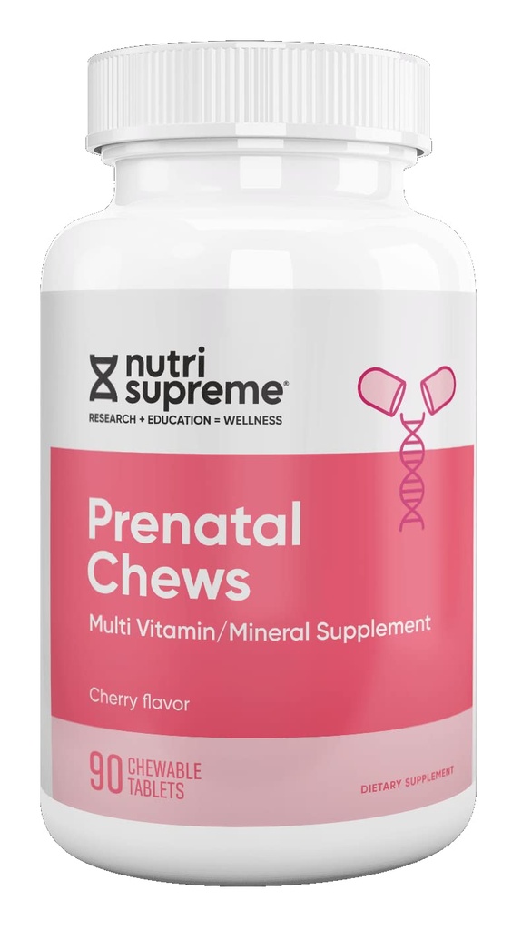 Nutri Supreme Vitamina prenatala, Vitamine prenatale masticabile pentru femei cu 800 MCG de Folate, Sarcina completa Multivitamine cu fier, Kosher, Aroma de cireșe, 90 Conte