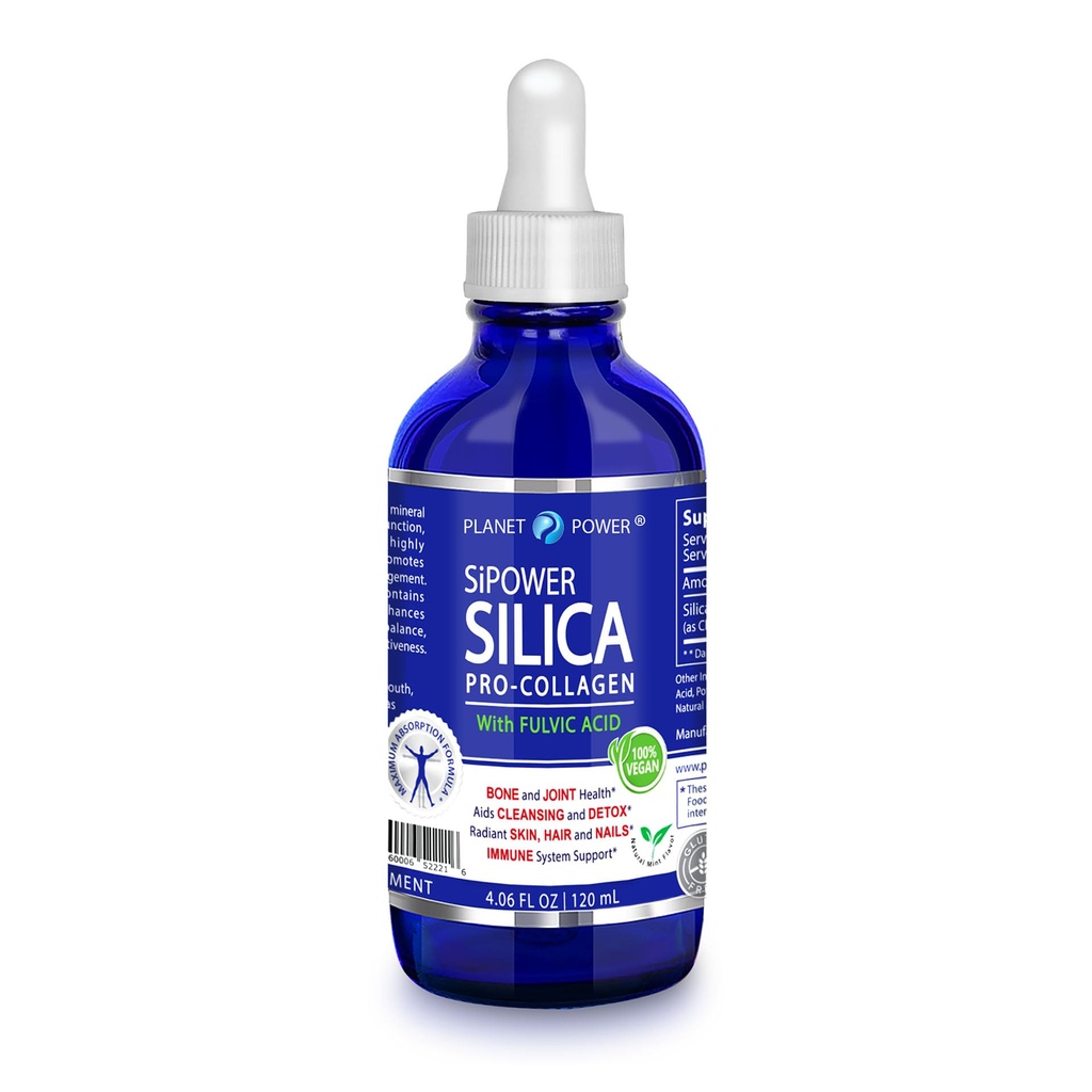 SiPower Siliciu Vegan Colagen, Supliment picături-Lichid Acid mineral ortosilicic (CH-OSA) + Acid fulvin. Colagen natural Booster pentru articulații, oase, păr, piele, unghii, Imun și Digestive Health-4oz