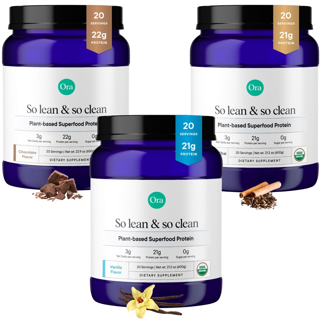 Ora Organic Proteine pulbere Vanilie, Ciocolata si Vanilla Chai Bundle: 21g Plant based, Vanilla, Vanilla Chai, 20 Serviri + 22g Plant Based, Ciocolata, 20 Serviri