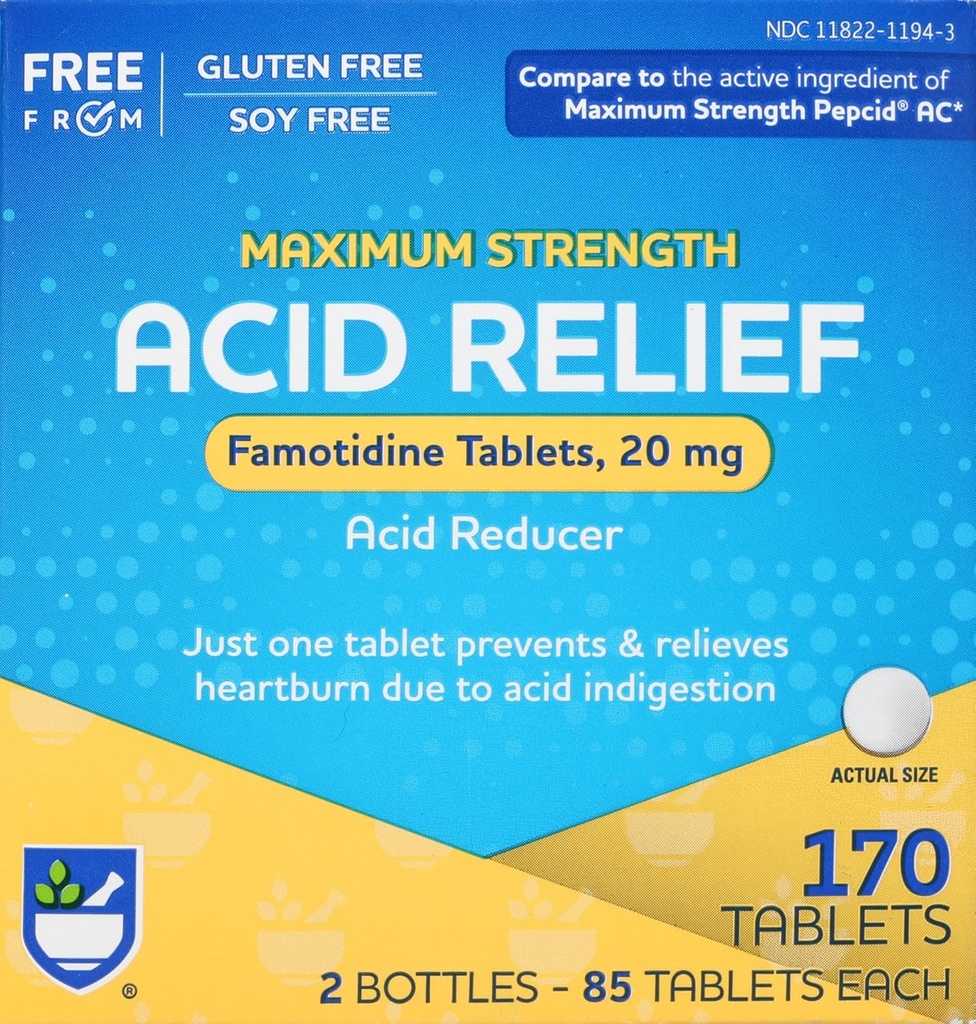 Rite Ajutor Acid Reducere, Putere maximă Famotidină Tablete, 20 mg - 2 Sticle, 85 Conte Fiecare (170 Conte Total)