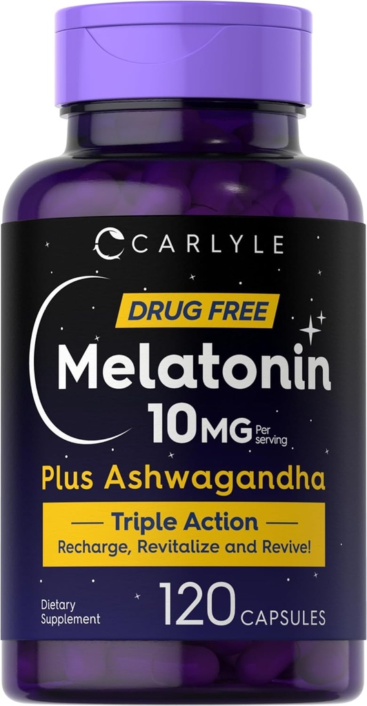 Carlyle Melatonin 10mg | 120 Capsules | with Ashwagandha | Triple Strength Formula | Non-GMO, Gluten Free Supplement