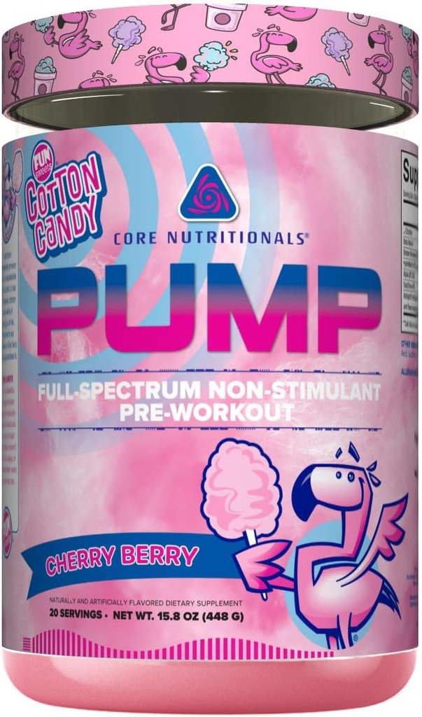 Nucleu nutritionals Pompa Full-Spectru non-Stimulant Pre-Workout, cu N03T Nitrate, Peak02, Alpha GPC, pentru pompa maxima, Putere, și performanță 20 Serviri (Fun Sweets Cotton CandyTM Cherry Berry)