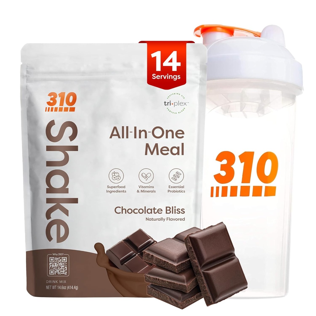 310 Nutriție All-in-One Masă de înlocuire Shake Powder w/Shaker Cup Starter Kit - High Proteine Fiber Rich Vegan Superfood Blend - Sugar-Free, Keto & Paleo Friendly, Low Carb - Ciocolata Bliss 14 srv