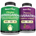 Nutrivein Premium Ashwagandha Capsule & Resveratrol Supliment Bundle: capsule Resveratrol de mare absorbție și suplimente Ashwagandha pentru echilibru, Vitality, & Reparații