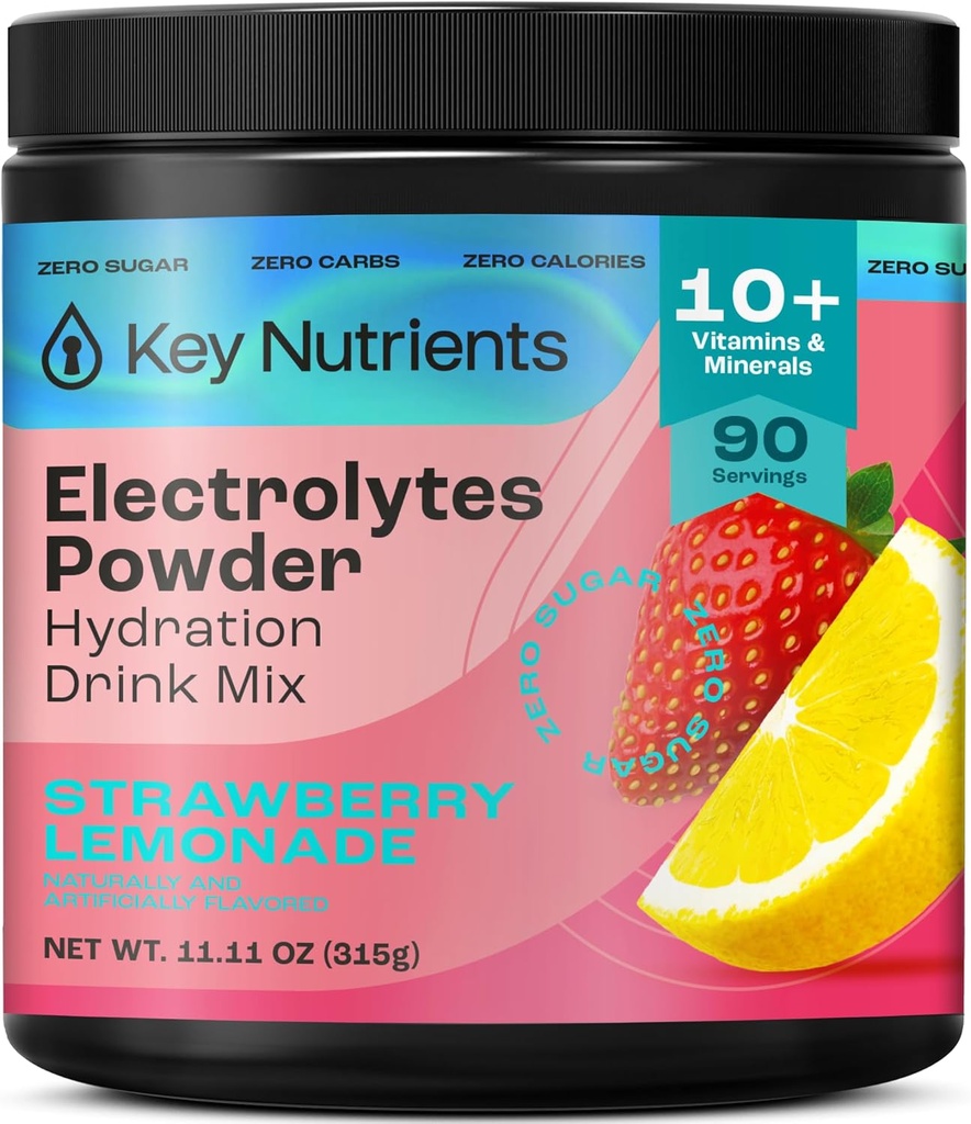 KEY NUTRIENTS Electroliti pulbere fără zahăr - Juicy căpșuni Limonadă Electrolit pulbere - Pulbere de hidratare - Fără calorii, Gluten gratuit Keto Electroliti pulbere - 90 Serviri - Made in USA
