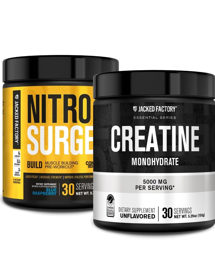 Fabrica Jacked Nitrosurge construi pre antrenament cu Creatina pentru construirea musculare (30 Serviri, zmeură albastră) & Creatină Monohidrat pulbere pentru creștere musculară și recuperare (30 Servings, Nearomate)