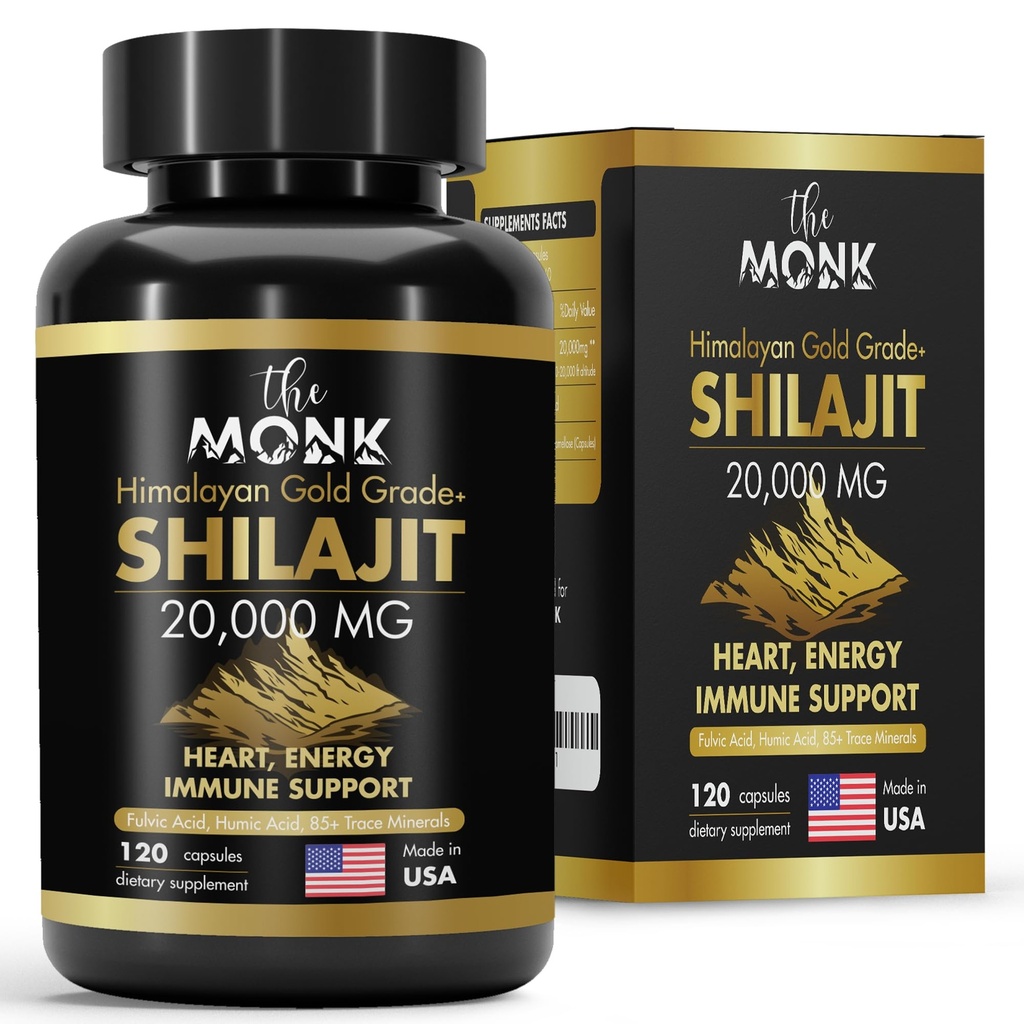 Silajit organic cu acid fuzilic, acid humidic, 85+ Minerale- aur grad Plus - La fel ca Resin - Energie, Rezistenta, Brain Support - 120 capsule - Made in the USA