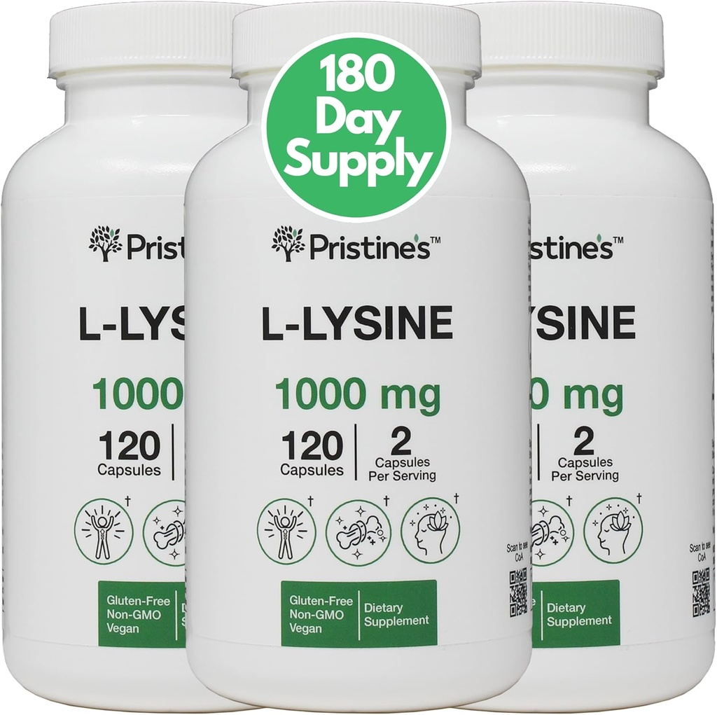 L Lysine 1000mg L PRISTINE (3 ambalaj) Lip & Gum Sănătate esenţială Amino Acid Imunity Supplement Capsule - 180 zile de aprovizionare Muscle & Tesut Suport - Colagen Production - Vegan Gluten Free Non OMG