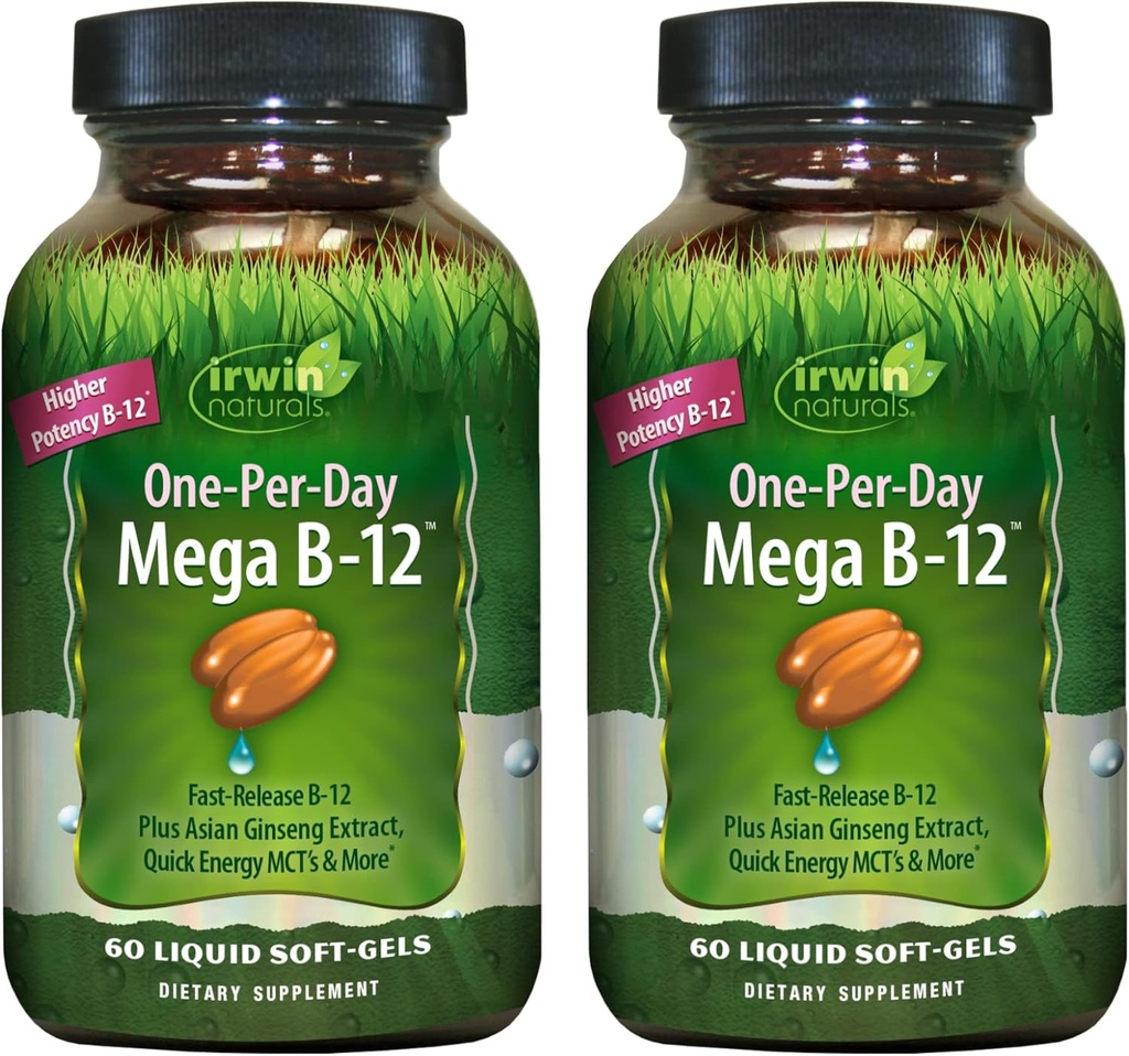 Irwin Naturals One-Per-Day Mega B-12 1500mcg High Potence Metilcobalamină Vitamină - Absorbție îmbunătățită rapid cu MCT + Asian Ginseng - Boost de energie naturală - 60 Softgels lichid (Pachet de 2)