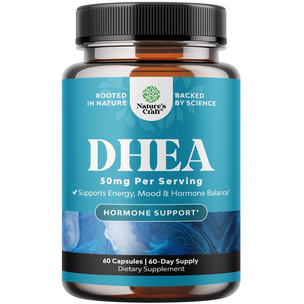 Suplimentul DHEA pentru femei şi bărbaţi - DHEA 50mg pură pentru echilibrul hormonal, îmbunătăţeşte stabilitatea dispoziţiei, funcţia creierului, sistemul imunitar, energia şi fertilitatea - Capsule dehidroepiandrosteron pentru adulţi - 60 Ct