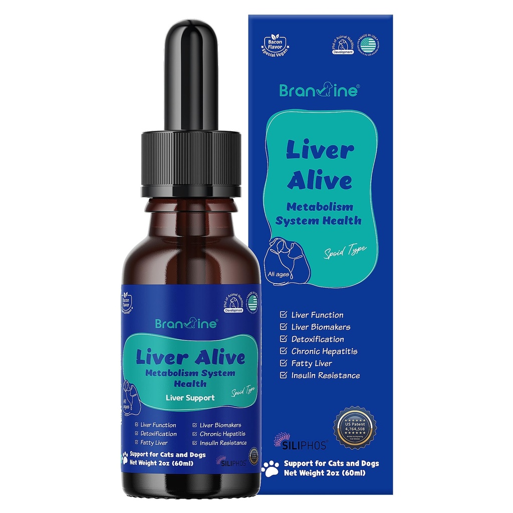 Ficat Alive Sistem metabolic Sănătate pentru câini și pisici - Funcția, Fatty, Detoxifiere, Hepatită cronică cu SILIPHOS®, TUDCA, Same Vegan Bacon Flavor (60ml)