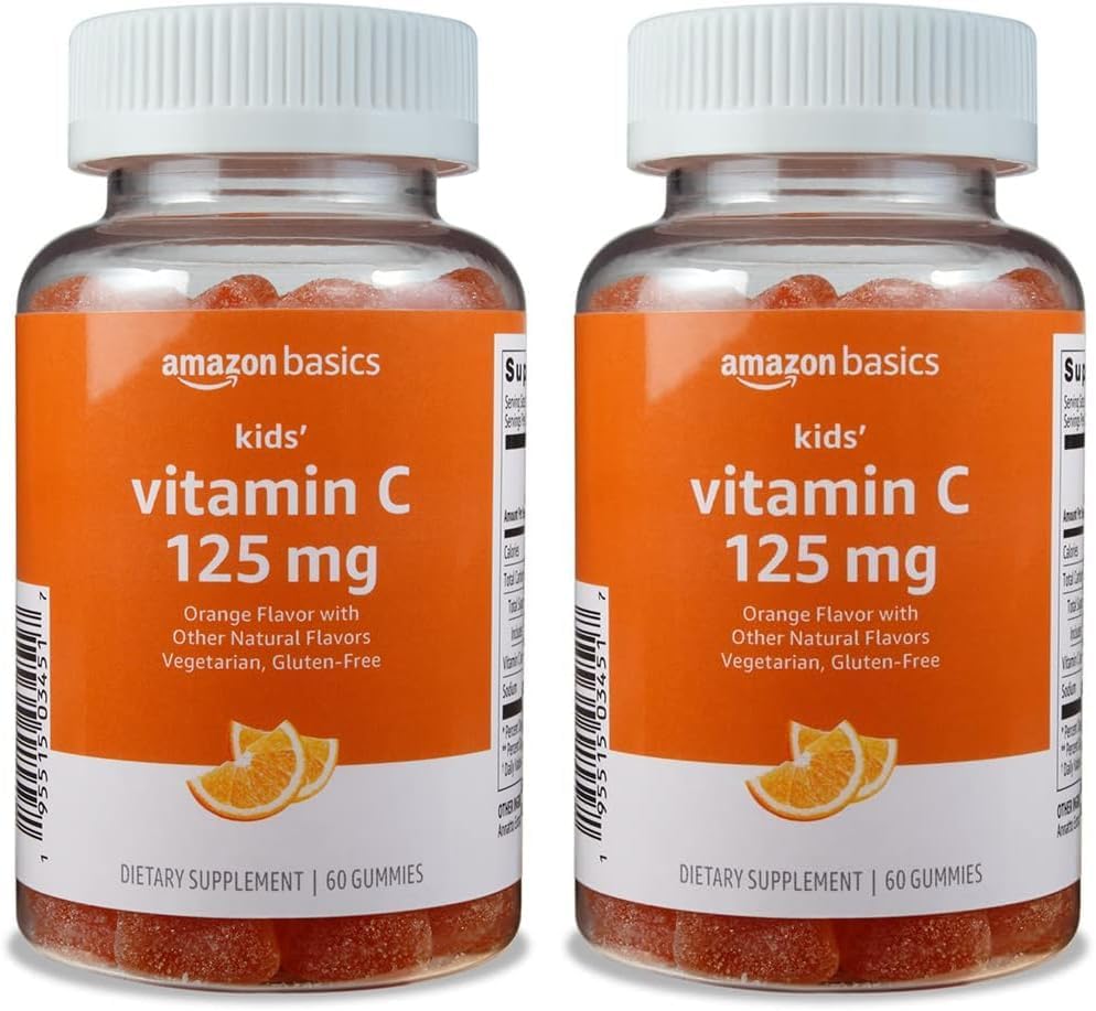 Amazon Basics Kids' Vitamina C 125mg Gummies, Orange, 60 Conte, Immune Health, 2 Luna de aprovizionare (precedent Solimo) (Pachet de 2)