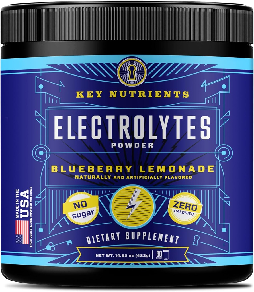KEY NUTRIENTS Multivitamine Electroliti Pulbere fără zahăr - Limonadă proaspătă de afine Pudră Electrolitică - Rezistență și supliment energetic - Drink hidratare - No Calories - 90 Servings - Made in USA