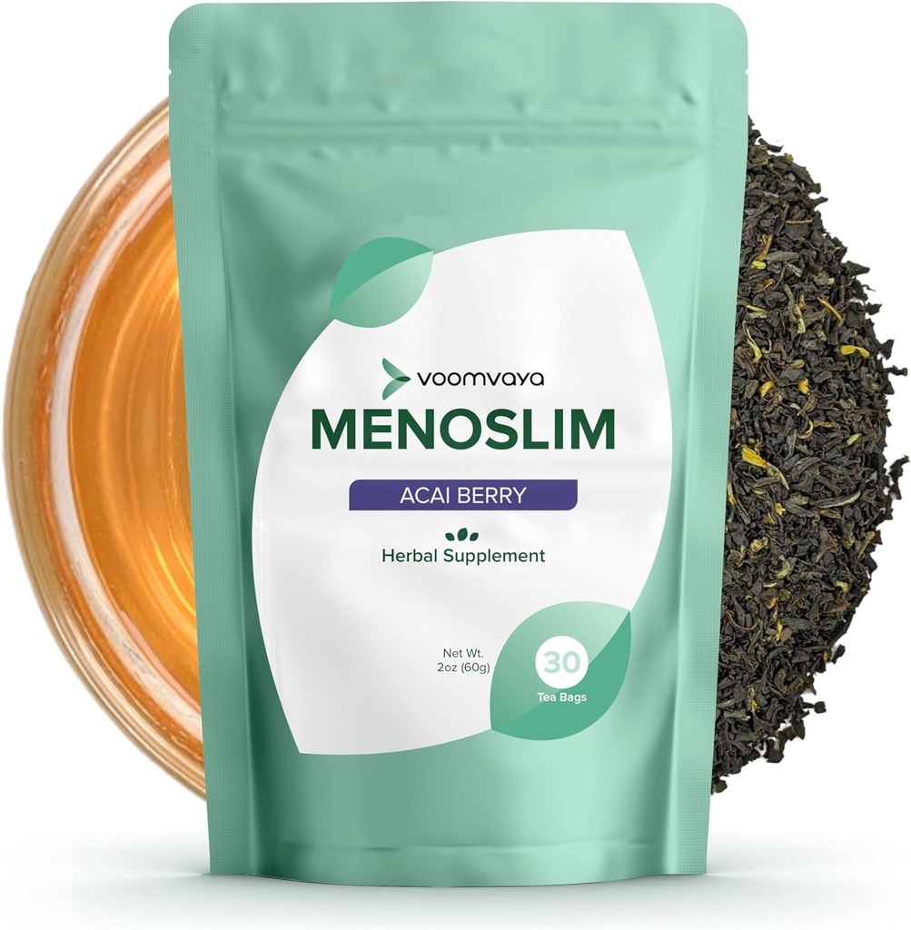 VoomVaya MenoSlim Tea - Hormone Echilibru Ceai, Perimenopauza & Estrogen Supliment pentru femei - pentru Bloating, Hot Flashes, Transpirații de noapte & Meno-Belly - Acai Berry Flavor - 30 Teabags