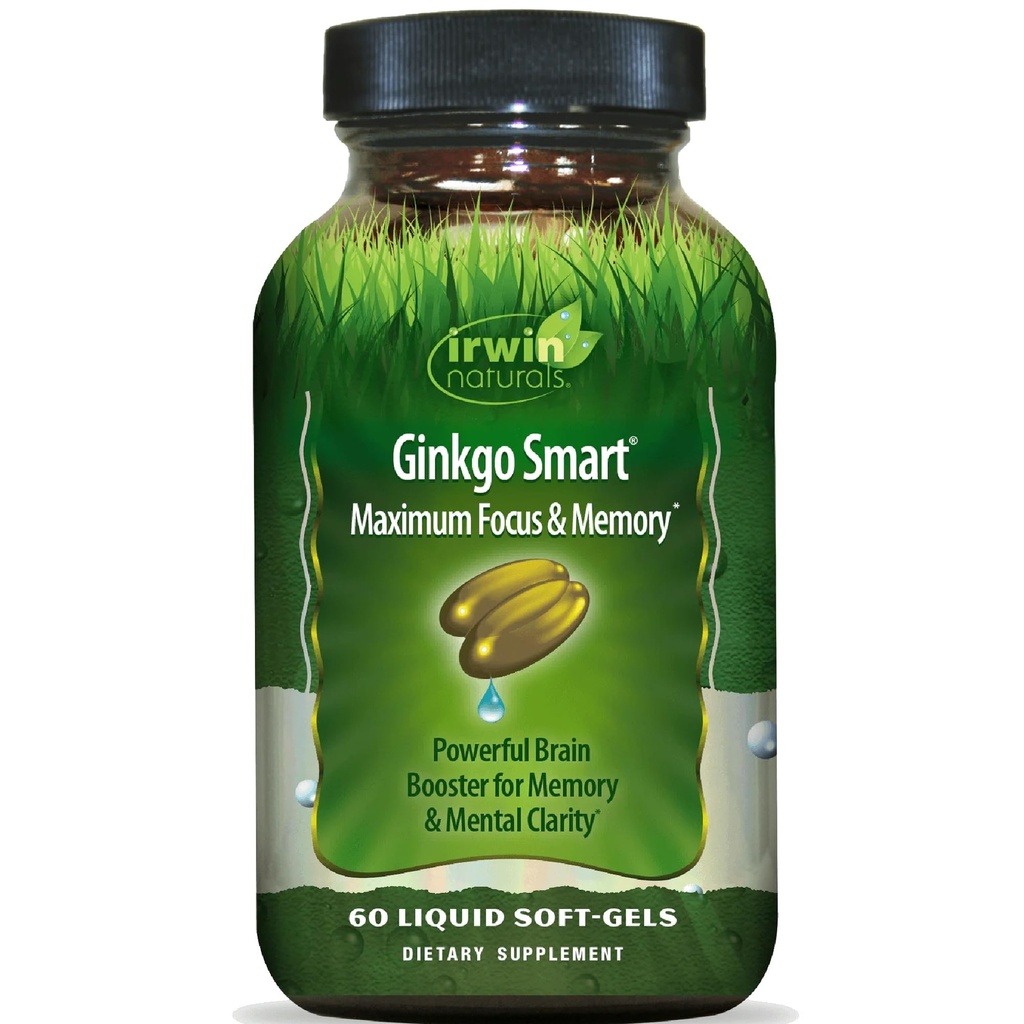 Irwin Naturals Ginkgo Smart Puternic Nootropic Brain Booster - Suportă Memorie maximă, Focus & Mental Clarity cu DMAE, Clubmoss, Choline & Acetil L-Carnitina - 60 Softgels lichid