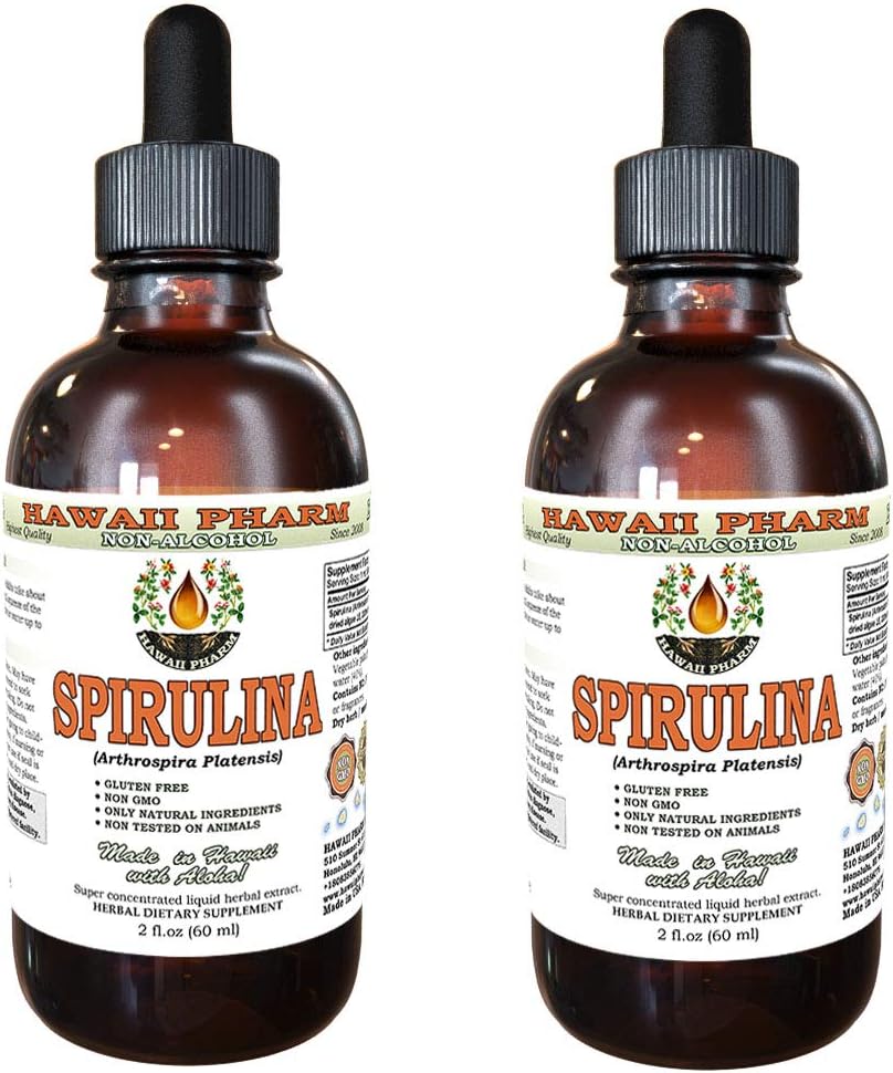 Spirulina Extract de lichid fără alcool, Spirulina organică (Arthrospira platensis) Algae Glicerite naturale Suplimentul Herbal, Hawaii Pharm, SUA 2x2 fl.oz