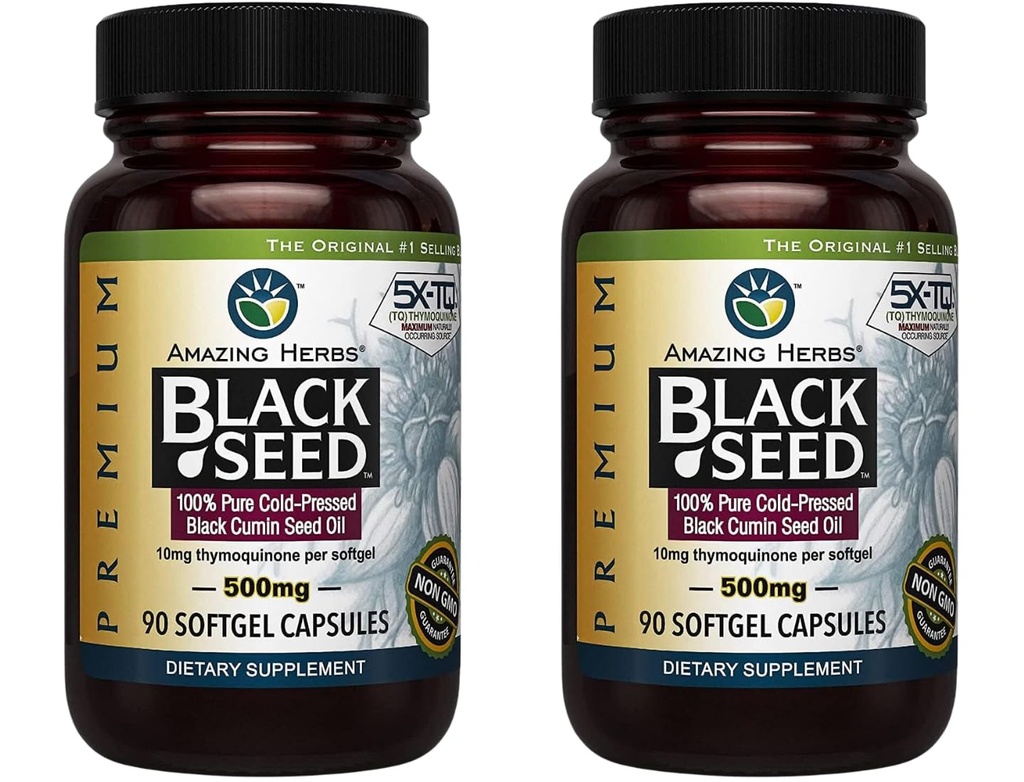 Amazing Herbs Premium Black Seed Oil Capsule - Gluten Free, Non OMG, Cold presat Nigella Sativa SIDA în Digestive Health, Immune Support, Brain Function - 90 Conte, 500mg (Pachet de 2)