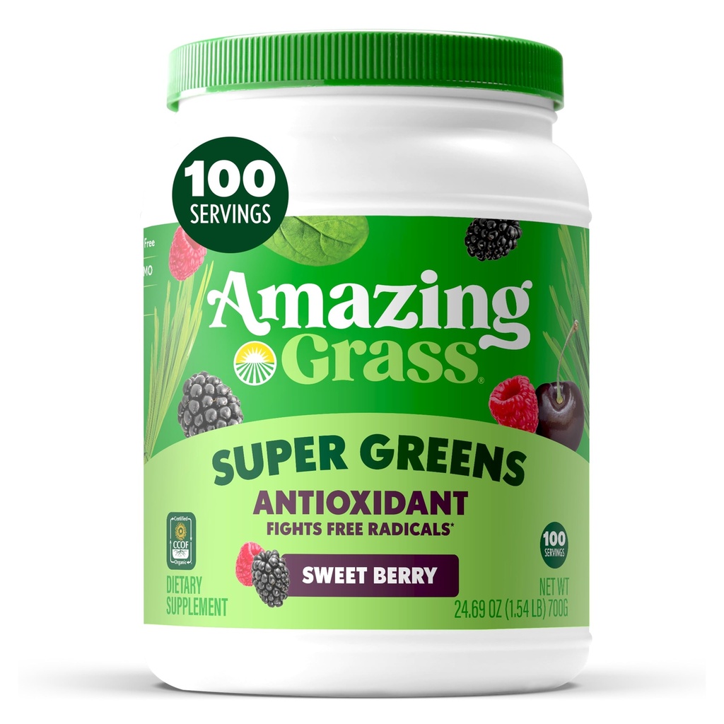 Greens Superfood Antioxidant: Greens Powder cu Spirulina organica, Root Root Powder, Elderberry & Probiotics, Sweet Berry, 100 Servings (Packing May Vary)