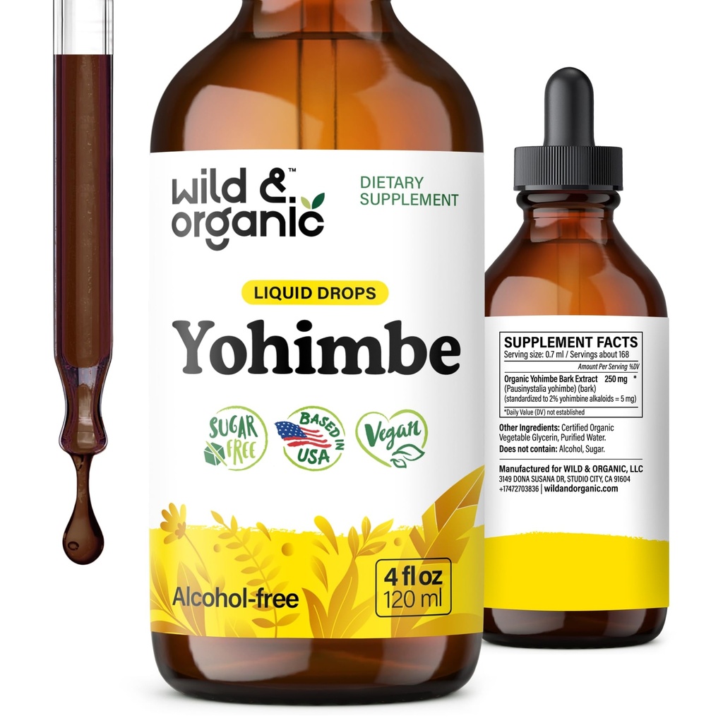 Suplimente salbatice si organice Yohimbe pentru barbati si femei - 5 mg extract de Yohimbine Tincture - picaturi de scoarta Yohimbe fara alcool - Vegan, non-GMO si zahar - 4 fl oz