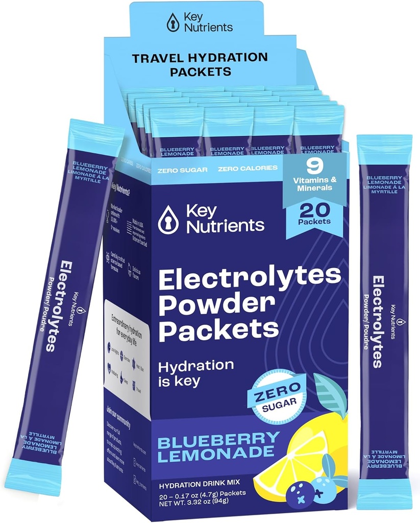 KEY NUTRIENTS Multivitamine Electroliti Pachete cu pulbere - Delicious Blueberry Lemonade 20 Pachete de Hidratare - Praf de hidratare de calatorie - Fara zahar, fara calorii, Gluten Free - Made in USA