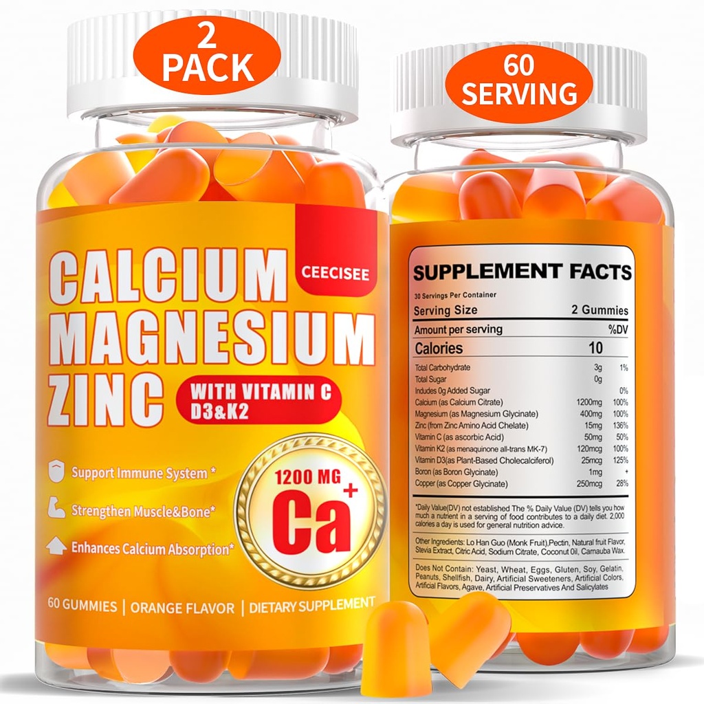 Gume de calciu Magneziu pentru femei Bărbaţi: 1200mg Citrat de calciu Zinc Gummy cu vitamina C D3 K2 - Vegan zahăr gratuit enigmatic de înaltă absorbţie Suplimentul de suport imunitar (120cont)
