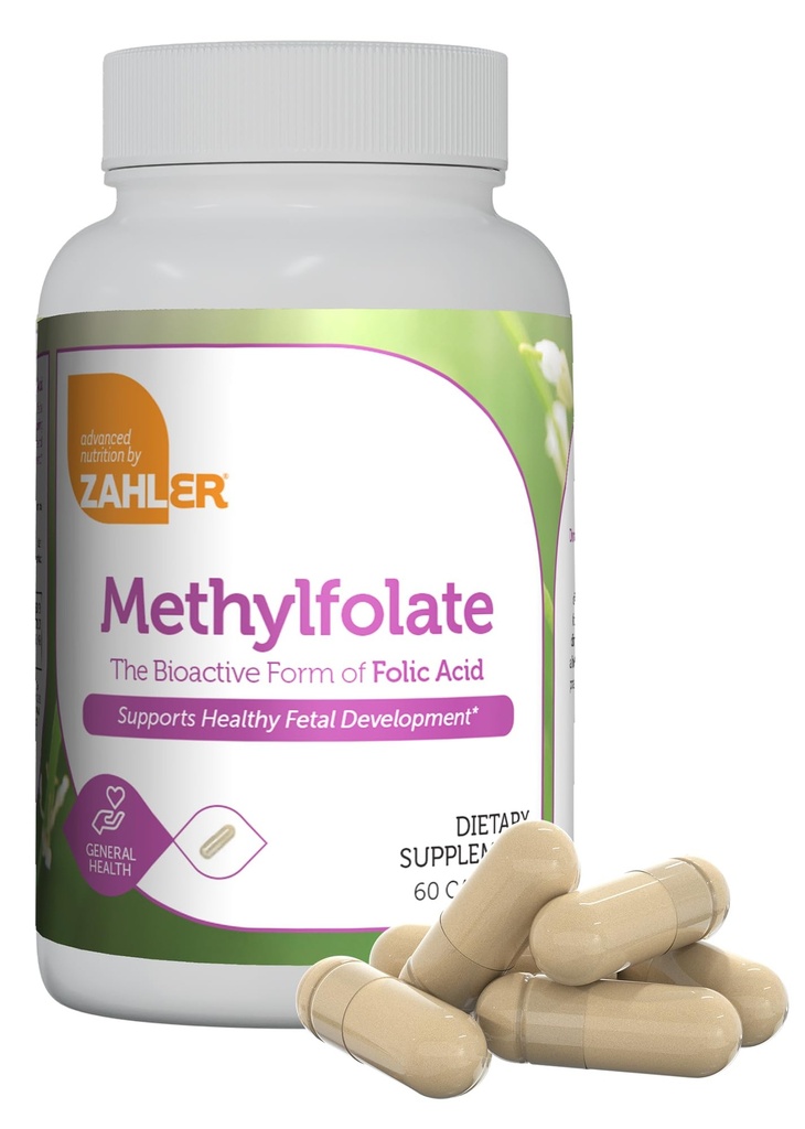 Zahler Metilfolat - Susţine dezvoltarea fetală sănătoasă şi sănătatea genetică - Acid folic metilat de la 1000 mcg DFE L-metilfolat - Kosher Non OMG Folat Supliment pentru femei (60 capsule)
