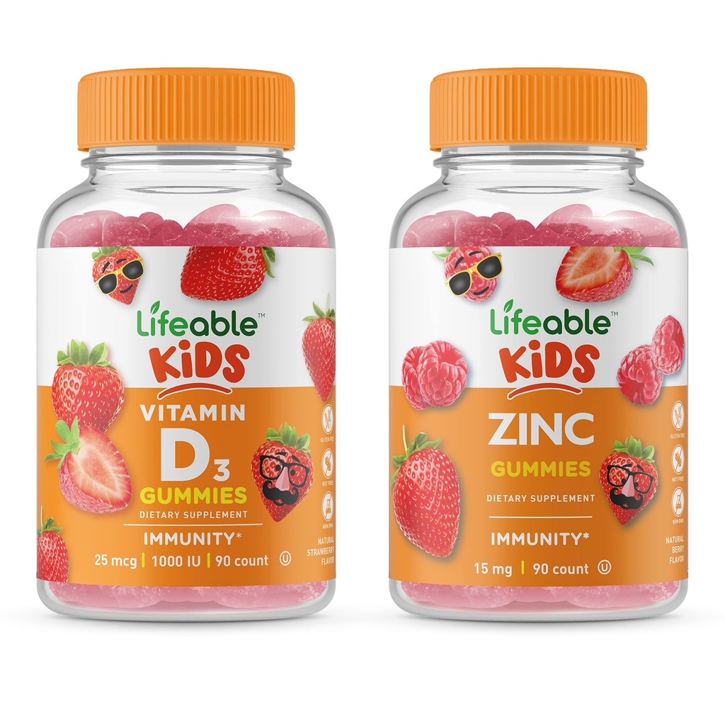 Vitamina D Lifeable Copii + Zinc Copii, Gume Bundle - mare Tasting, Supliment de vitamine, Gluten gratuit, OMG gratuit, Gummy masticabil