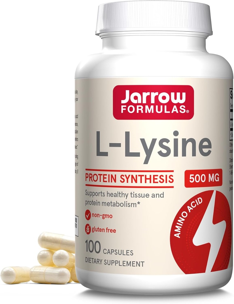 Jarrow Formulas L-Lysine 500 mg, Dietary Supplement, Amino Acid for Proteine Sinteza si Healthy Tesut Support, 100 Capsule, 100 zile de aprovizionare