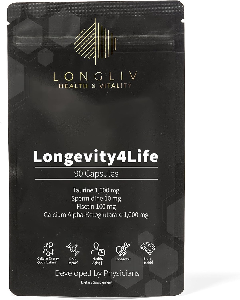 Longevity4Life - Ultimate Cellular Health Supplement - Fisetin, Taurină, Alpha-Ketoglutarat de calciu şi Capsule de spermidină pentru Longevitate şi Vitalitate - Made in USA - Doctor Formulated