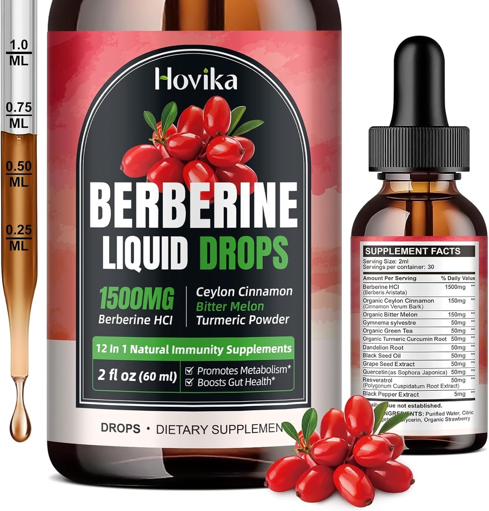 Berberine HCL Picături lichide - 1500 mg Picături lichide Berberine foarte absorbante - Berberine Veggie Supliment pentru Immune, Sistem de Digestion și de asistență pentru sănătate cardiacă, Flavor căpșuni- 2 FL Oz