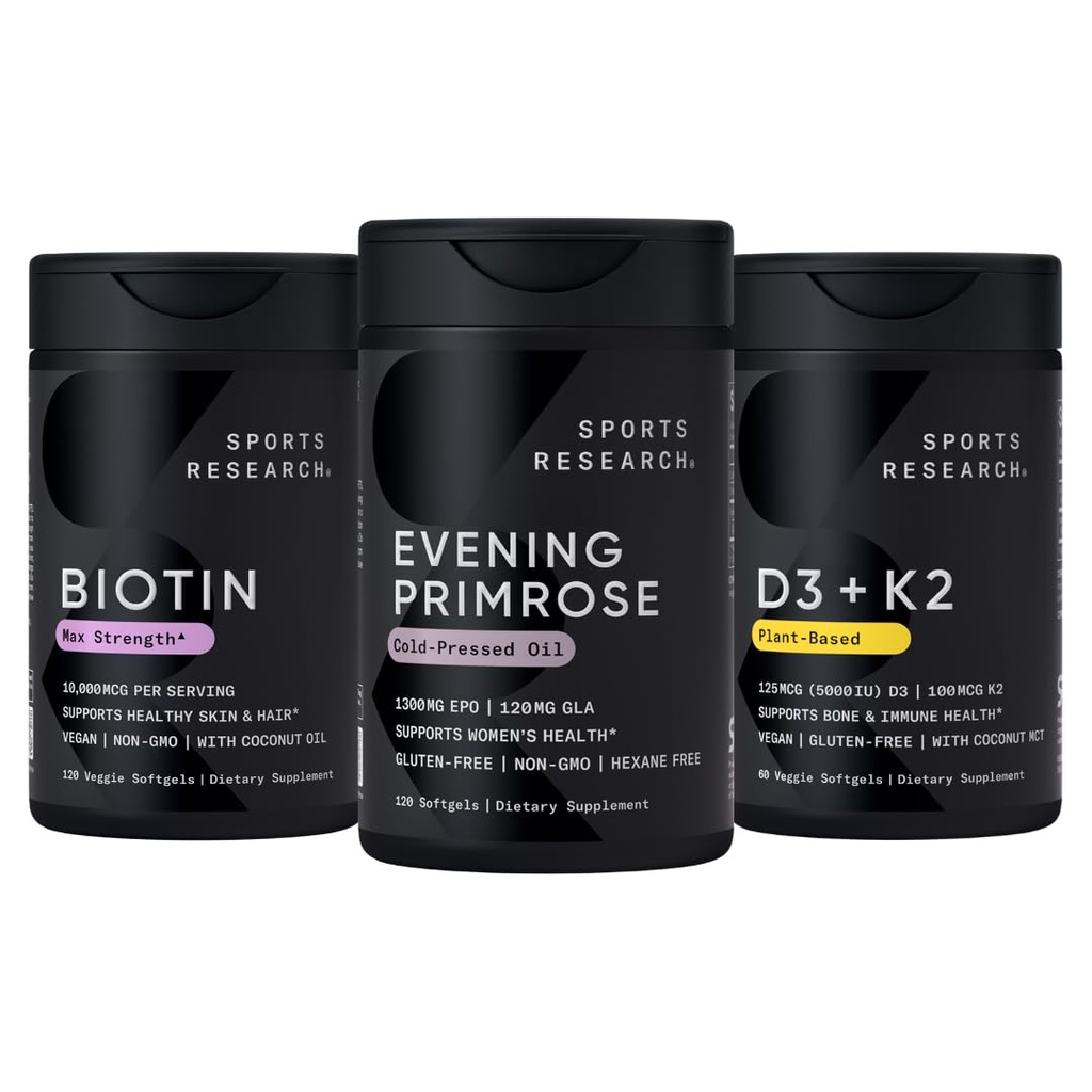 Cercetare sportivă Vegan Biotin 10.000mcg cu ulei de cocos, Seara Primrose Supliment de ulei presat la rece și pe bază de plante Vitamina K2 MK7 + Vegan D3 5000iu