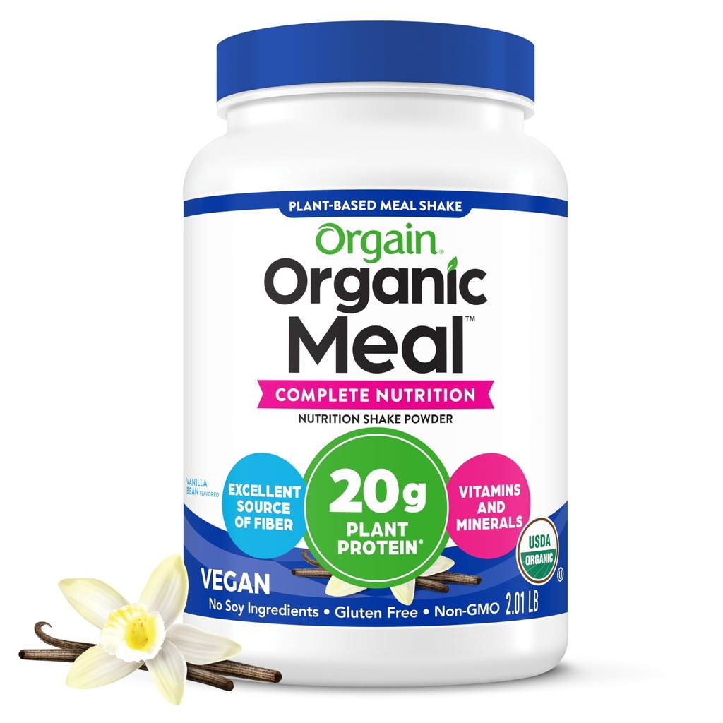 Orgain Organic Vegan Masă de înlocuire Pulbere de proteine, Vanilie Bean - 20g Proteina pe bază de plante, Gluten gratuit, lactate gratuit, Lactoză, Soy gratuit, fără zahăr adăugat, pentru smoothies & Shakes - 2.03lb