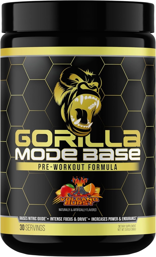 Gorilla Mind Base Pre Workout - Creste puterea concentrata intensa a oxidului azotic si conducatoare - L-Citrulline, L-Tyrosine, Betaine, Alpha-GPC, Cafeina, Huperzine A - 360 Grams (Volcano Burst)