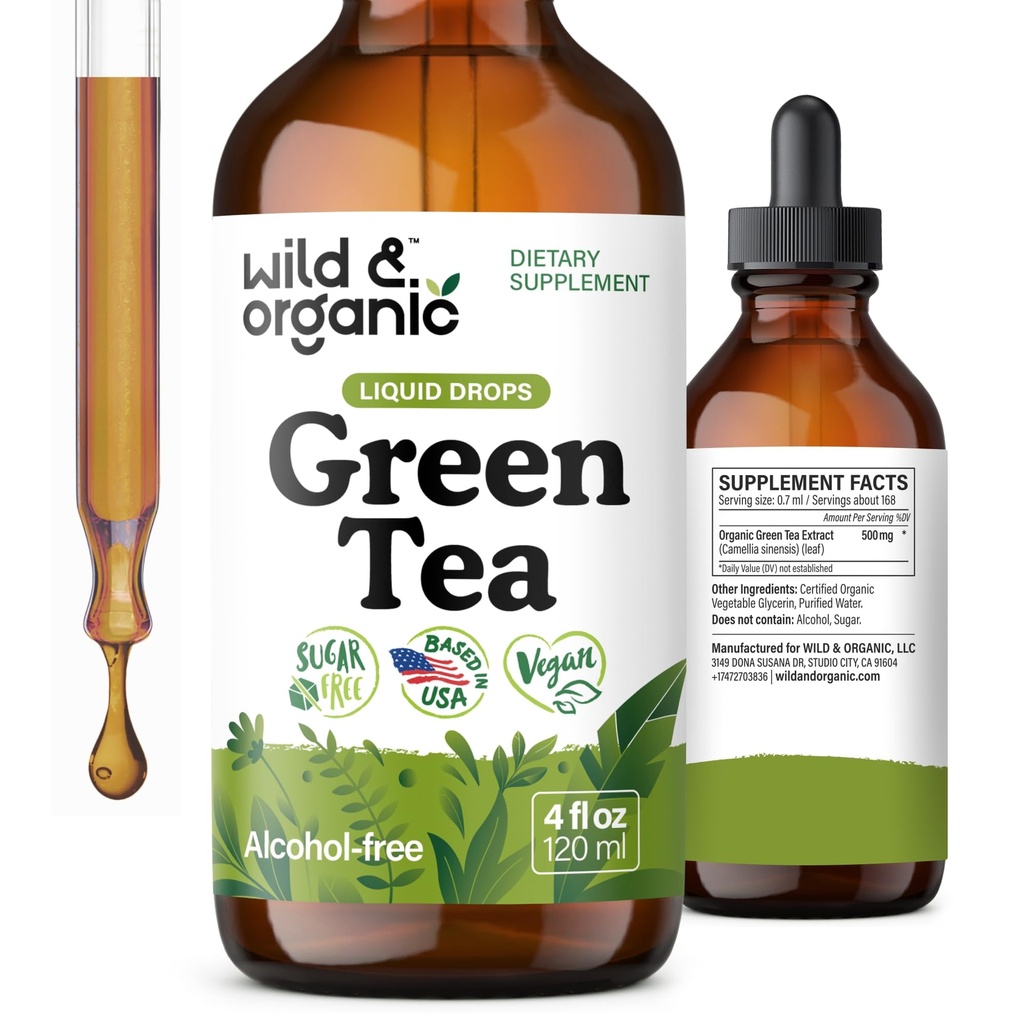 Ceai verde sălbatic și organic picături lichide extract - Antioxidant-Rich Suplimentul de ceai verde - aprovizionare 2-luna - Vegan, zahăr și alcool liber Camellia Sinensis Tinctură - 4 fl oz
