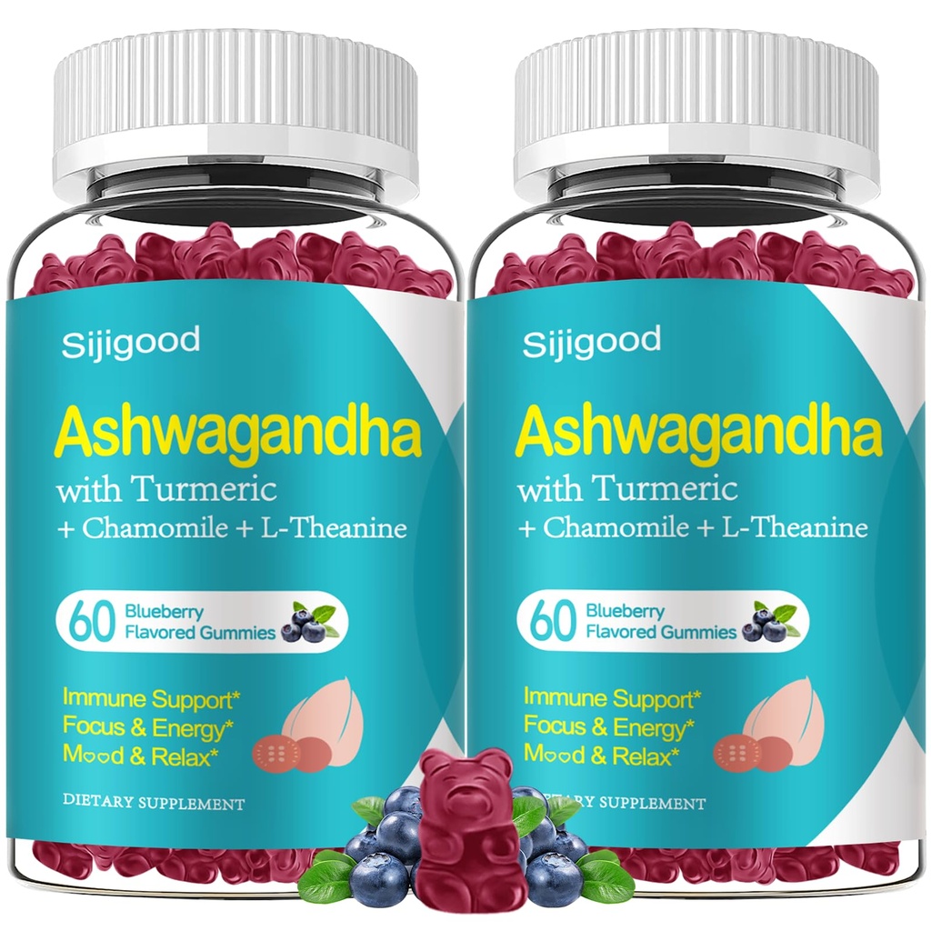 2 Pack Ashwagandha Gummies, Suport pentru imunitate, Relaxare, Calm Mood & Zzz, Ashwagandha Suplimente pentru bărbați și femei, Aroma de afine naturale, 120 Conte