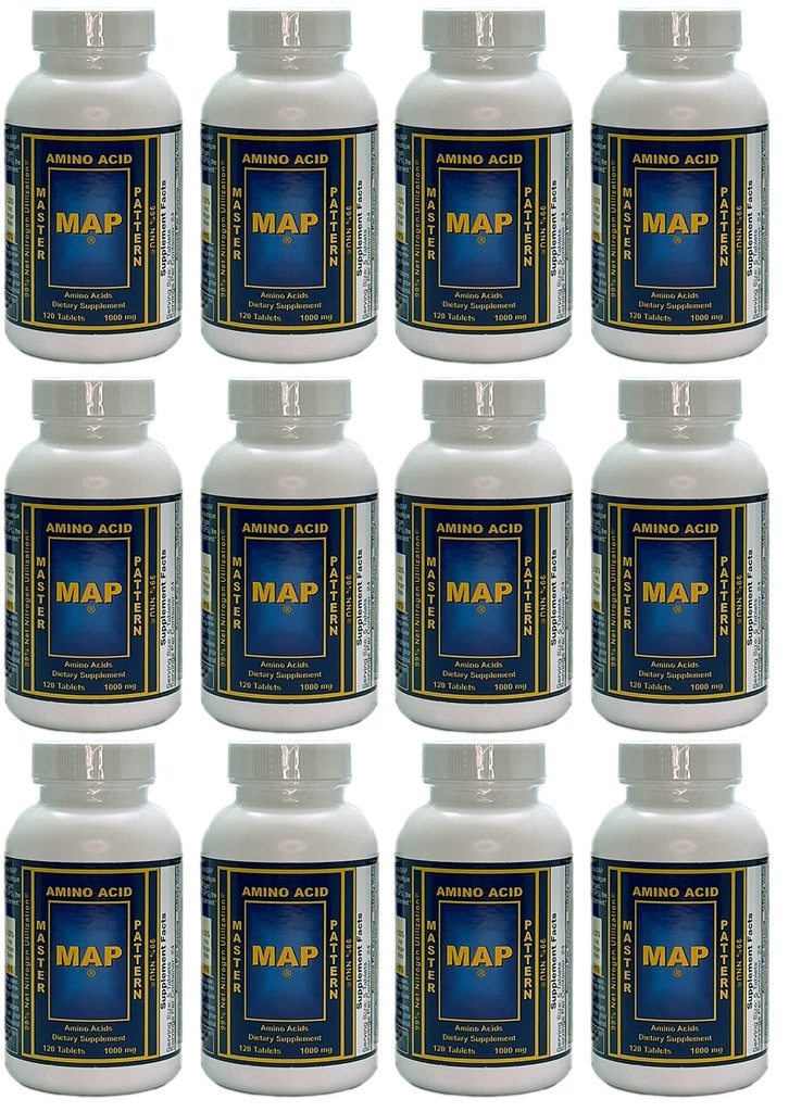 Pachet de 12 sticle de MAP Master Amino Acid Model (120 tablete/Sticle) 99% Net Azot Utilizare (NU) - Formula originala de Dr. Luca Moretti