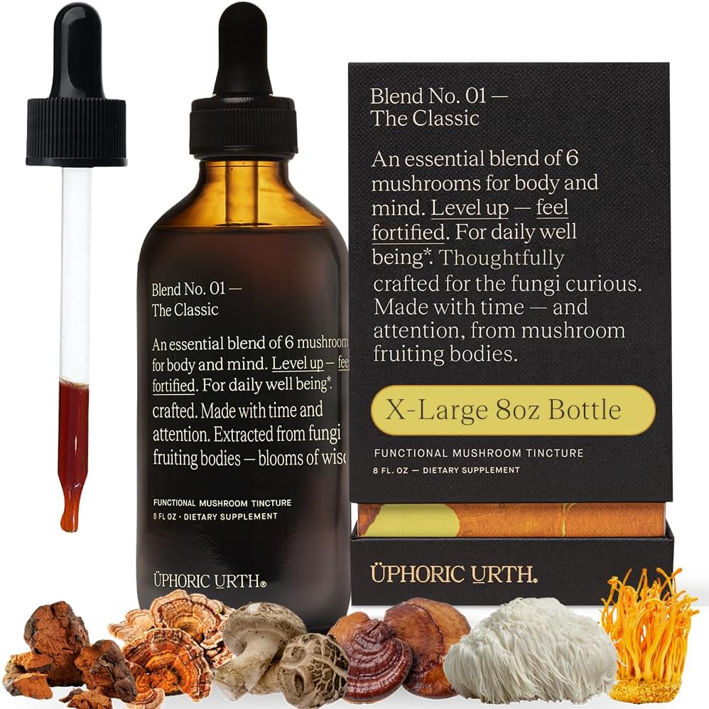 Blend No. 1-6 Mushroom Blend Tincture Reishi, Chaga, Lions Mane, Turkey Tail, Cordyceps, & Shiitake, Natural Support Imunity Booster, Creșterea puterii și a funcției cognitive (240 Servings)