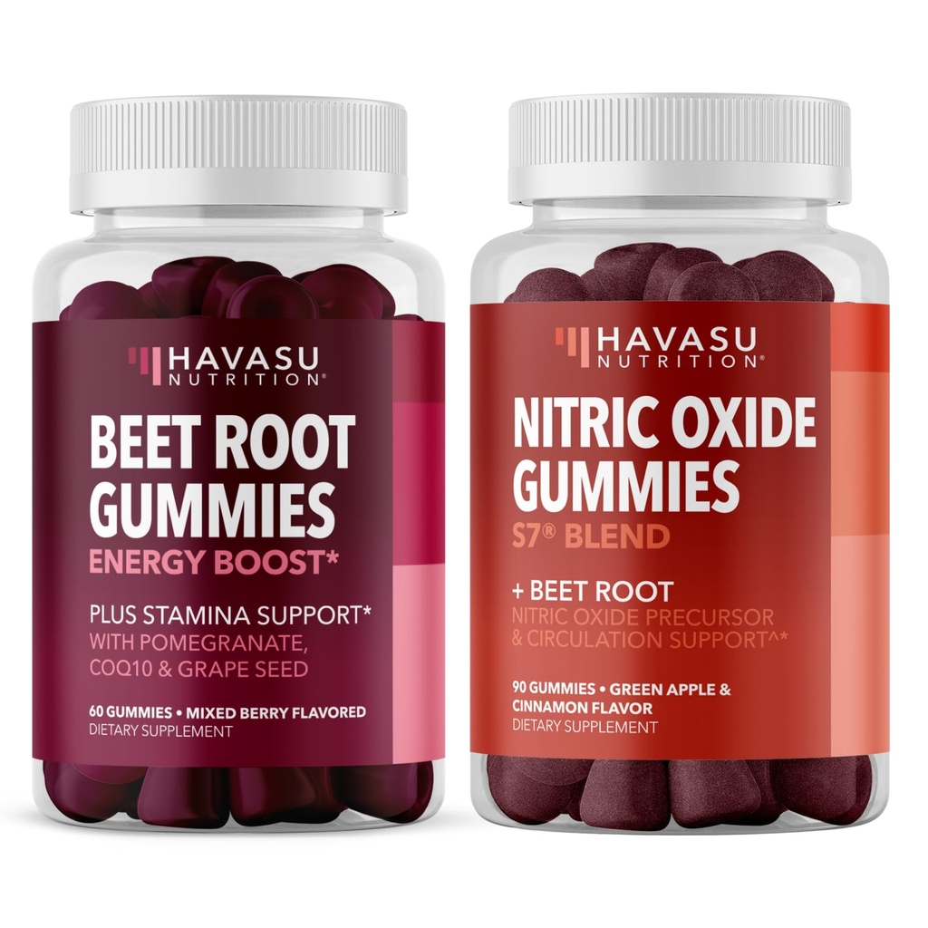 HAVASU NUTRITION Gume de oxid azotic cu L-Arginină și rădăcină de sfeclă (1 lună de aprovizionare) și rădăcini de sfeclă cu COQ10 și rodie (1 lună de aprovizionare)