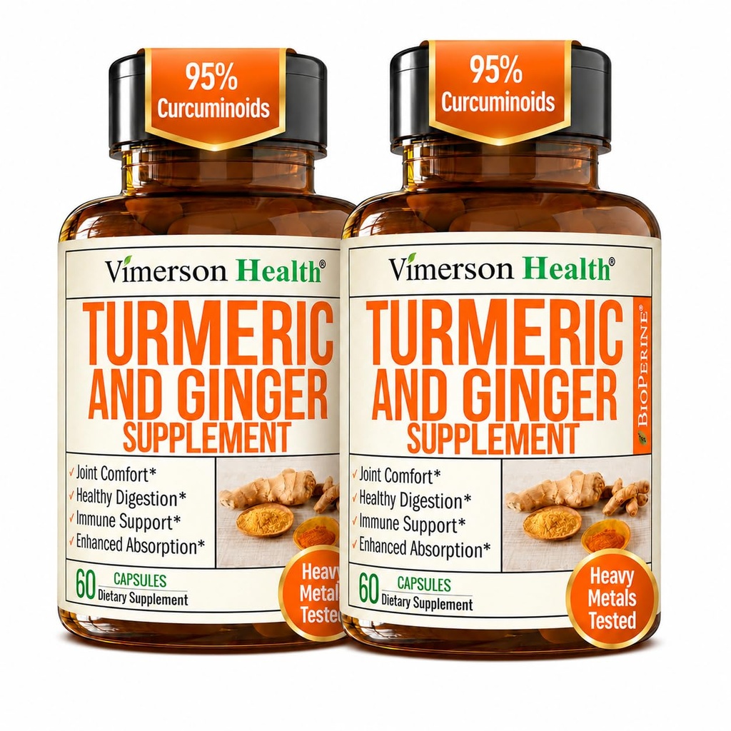 Curcumina turmerica Supliment cu ghimbir Root pentru suport comun, Digestive & Gut Health - Contine Curcumina ecologica cu piper negru (Bioperina) pentru absorbtie imbunatatita - 60 capsule, 2 ambalaj