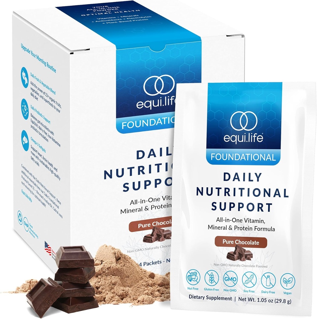 Equilife Daily Nutritional Support, All-in-One Multivitamine Masă Înlocuire, Aroma de ciocolată pură, 15G Proteina plantelor, Sprijină Wellness Global Inclusiv energie, Digestia, & Piele, 14 Pachete