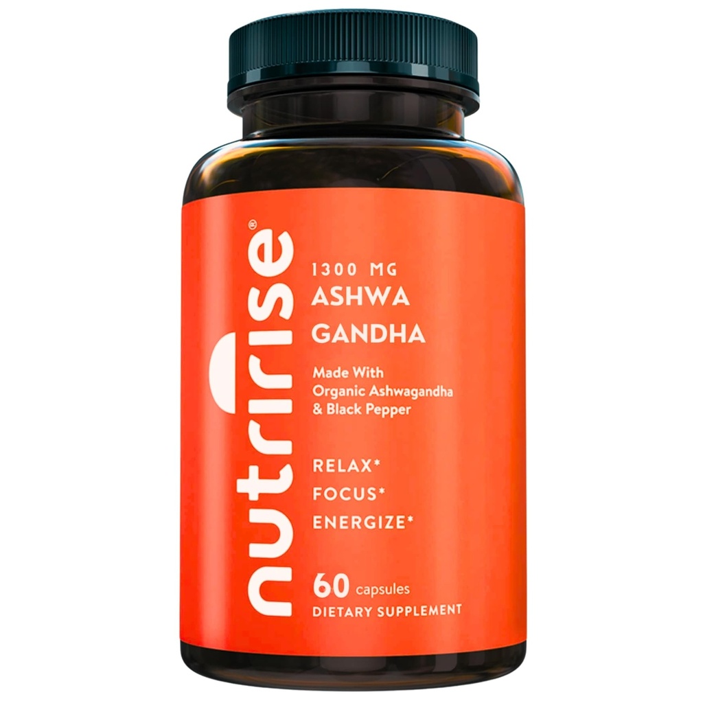 NutriRise capsule organice Ashwagandha rădăcină cu Pepper negru, 1300mg, stres natural & Mood, supliment de sprijin tiroidian și imun, Claritate, Focus & Energie, Gluten gratuit, 60 Conte