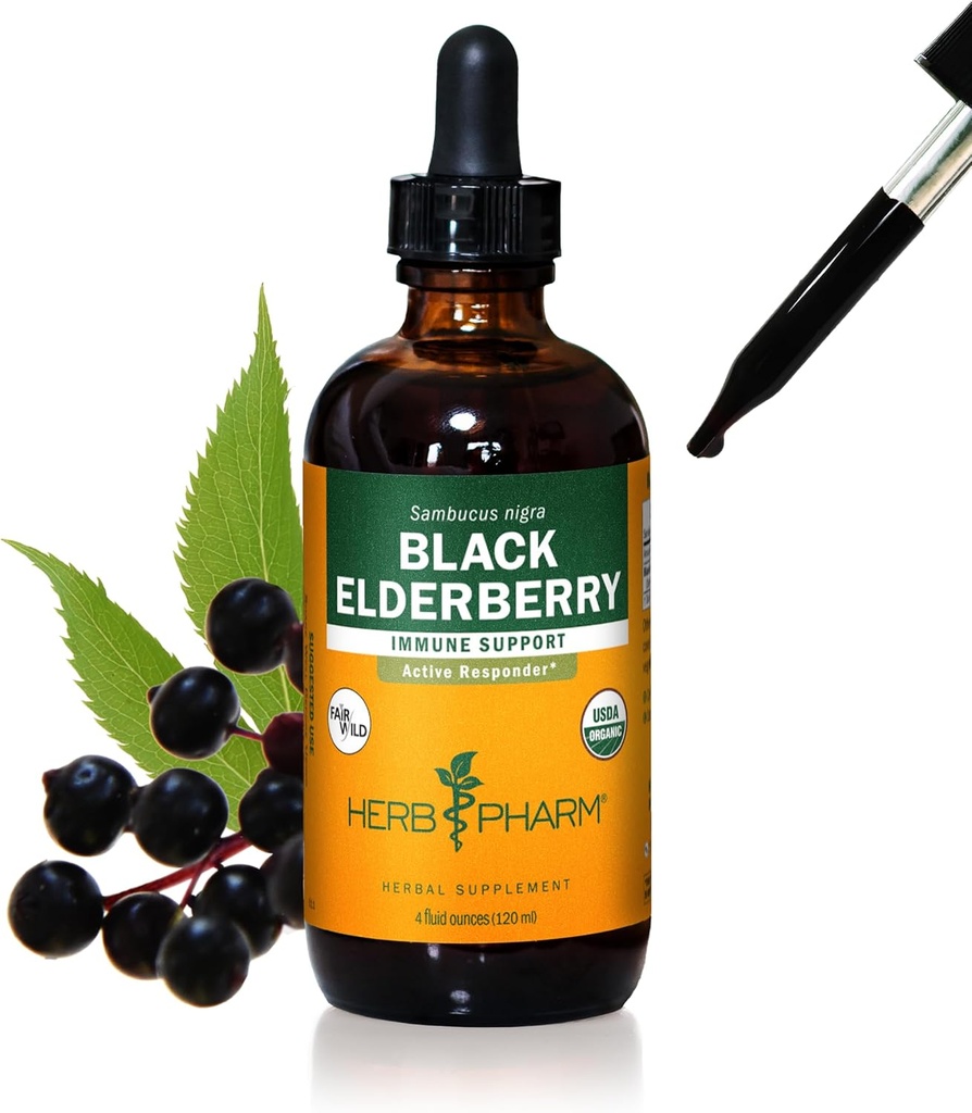 Herb Pharm Certified Organic Black Elderberry Lichid Extract pentru Suport Sistem imunitar, Alcool organic din trestie, 4 Ounce