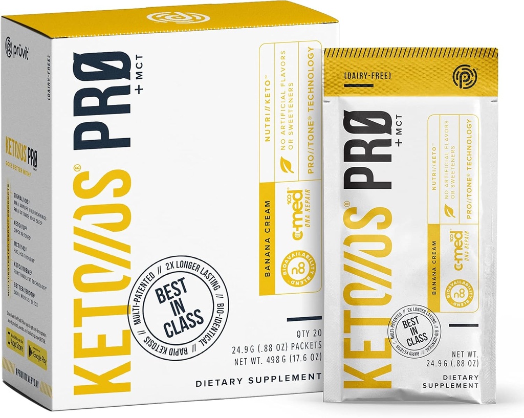 Pruvit Keto//OS Pro Banana Cream + MCT Ketones - Keto//OS Pro Supliment pentru energie Boost, Digestie mai bună și ajută la combaterea procesului de îmbătrânire - 20 Pachete