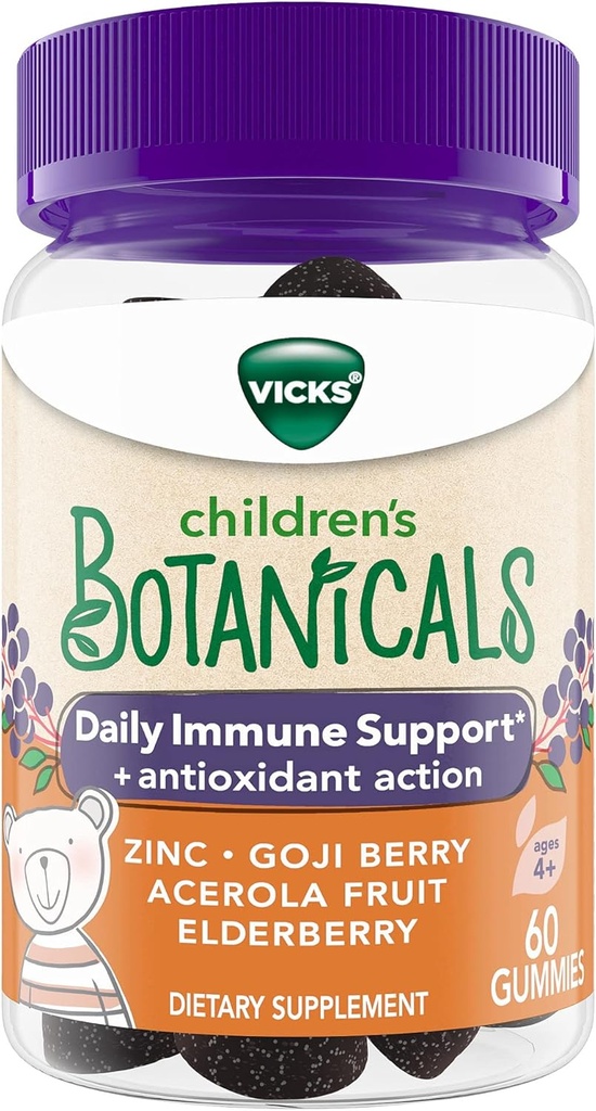 Vicks Children's Botanicals Daily Immune Support* + Antioxidant Action, Gummies, Made with Zinc, Goji Berry, Acerola Fruit, and Elderberry, 60 t